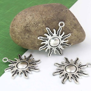 6 large SUN charms or pendants, antique silver CELESTIAL charm set, 28x25mm