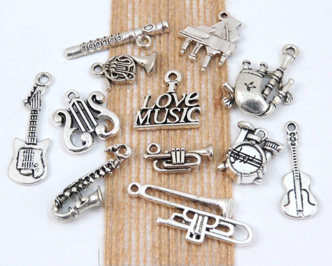 12 MUSICAL INSTRUMENT Charms, Antique Silver MUSIC Collection, Each One