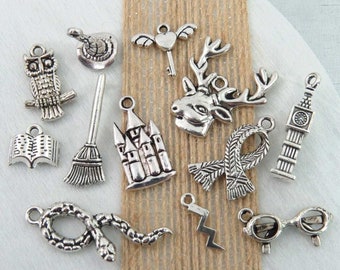 12 Harry P WIZARD APPRENTICE charms, antique silver magical charm collection