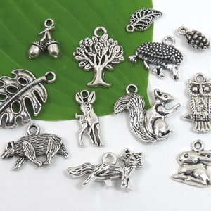 12 WOODLAND theme charm set, antique silver tone charm collection, each is different