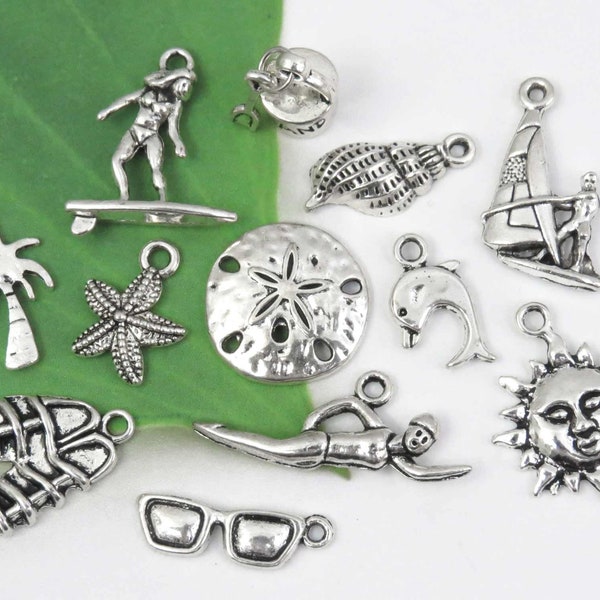 12 beach theme charms,  antique silver tone charm collection, each different