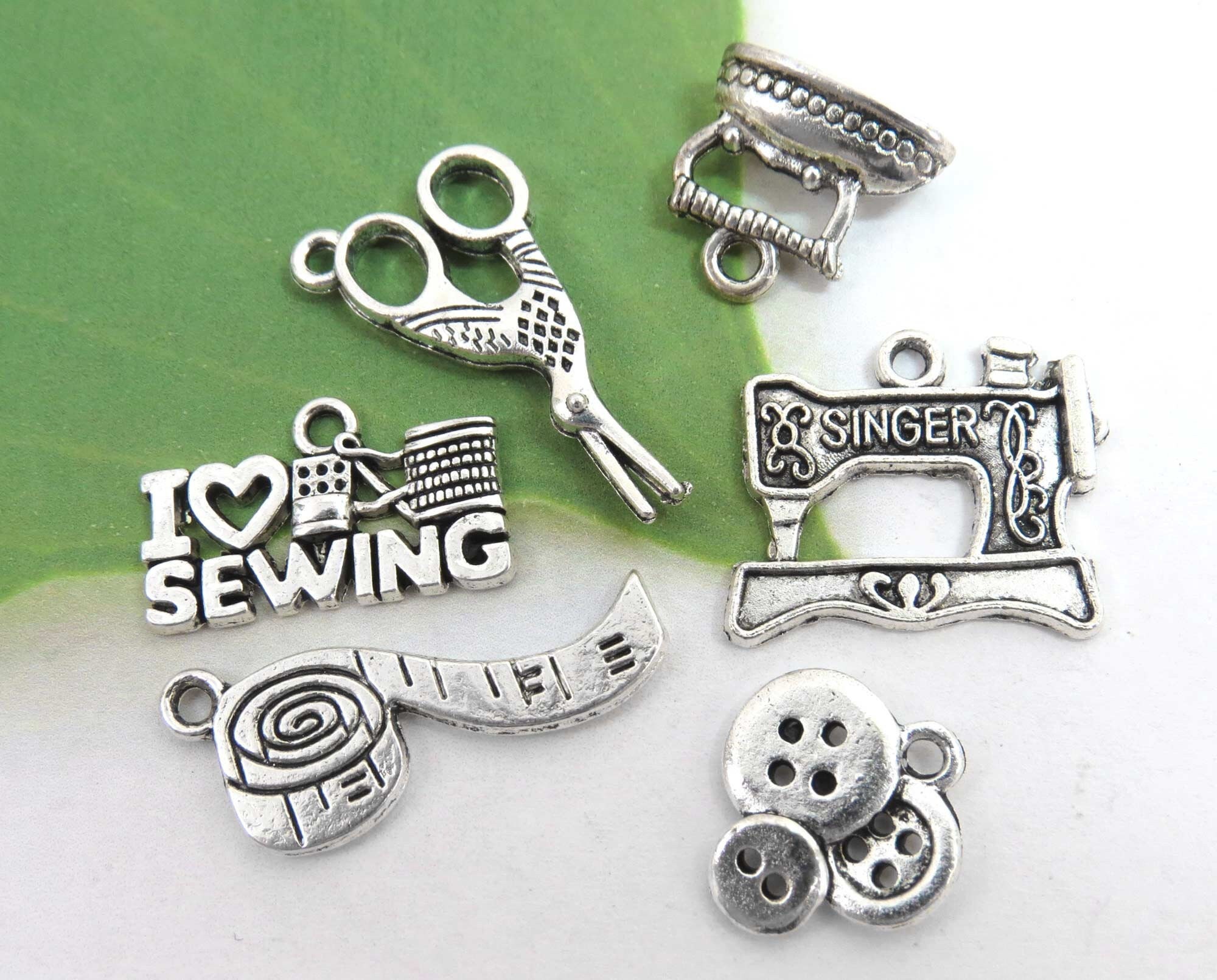 CLEARANCE, Sewing Theme Charms Set Silver Plated Jewelry Supplies 9 Pieces  
