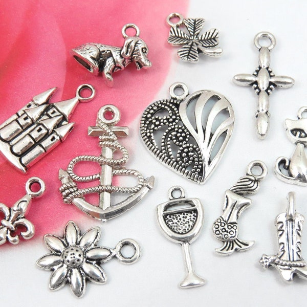 12 cake pull charms, antique silver collection, each one is different from the rest!