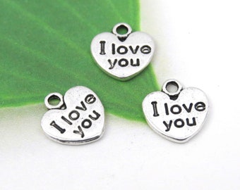 6 tiny I LOVE YOU Heart charms, antique silver Valentine charms, 12x11mm, double-sided