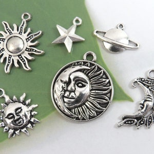 6 CELESTIAL charms,  antique silver tone charm collection, each different