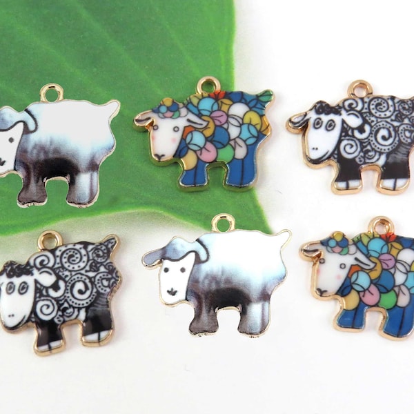 6 woolly sheep charms, colorful gold plated enamel charm collection 21x17