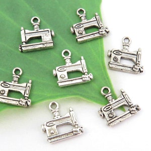 6 SEWING MACHINE CHARMS, antique silver hobby charm set, bulk, 15x15mm