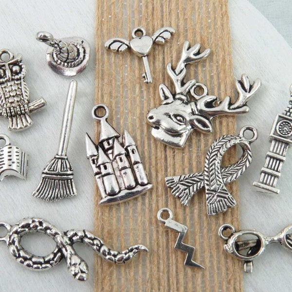 Set of 12 hp fandom charms, antique silver charm collection, diy craft charms