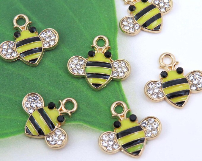 6 Bumblebee Charms With 12 Rhinestones on Each! Gold Plated Enamel Bee ...