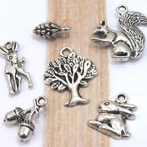 6 WOODLAND theme charm set, antique silver tone charm collection