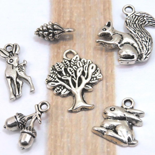 6 woodland theme charm set, antique silver tone charm collection