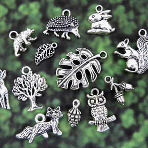 Woodland animals charm collection, set of 12, antique silver charms
