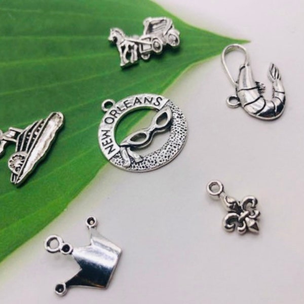 6 new orleans theme charms, antique silver mardi gras charm collection