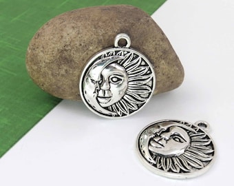 6 SUN & MOON face charms or pendants, antique silver CELESTIAL charm set, 29x25mm