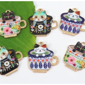 Kitty cats in teacups, set of 6 charms, colorful gold plated enamel charm collection