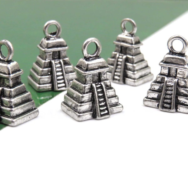 6 pyramid charms, antique silver tone 3d charm set, 16x12mm