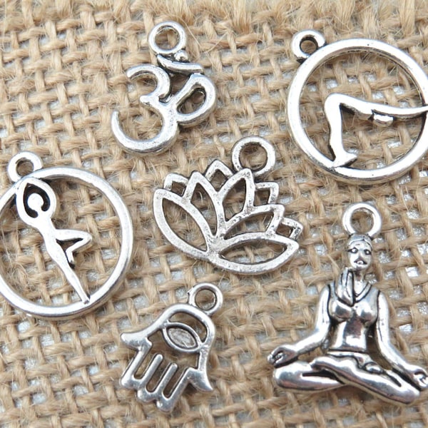 6 yoga charms, antique silver charm collection
