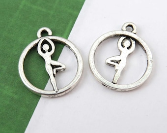 6 or 20 tree pose charms, antique silver yoga charm, 15x15mm