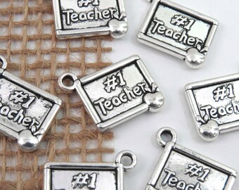 20 TEACHER charms, bulk antique silver SCHOOL charm set, 20x17mm