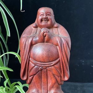 Wood carving Happy Laugh Maitreya Buddha Wealth Statue,wood Laughing Smiling Buddha Statue Budai Figure Buddhism Happiness God of Wealth Zen