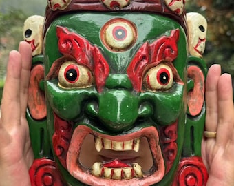 Vintage Tibetan Mahakala Mask from Nepal, Wooden Wall Hanging,  Handcarved Handpainted, Buddhist decor, Negative Energy Remover collection