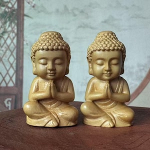 2 pieces Tibet Wooden Mini  buddha statue, Vintage Hand Carved Wood Monk figurine, Meditation Zen Decor, car decor wood carving Collectible