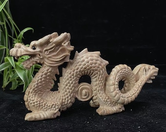 Feng Shui Carved Natural Wood Dragon Statue Wooden Crawling Dragon Animal Figurine 2024Year of Dragon New Year Ornament Success Mascot Lucky