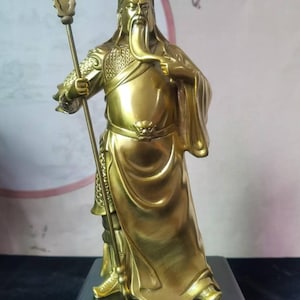 Brass GuanYu GuanGong Sangharama Bodhisattva Warrior Statue With base, Feng shui Ornament GuanYu Jingzhou Sculpture Long-handled broadsword.
