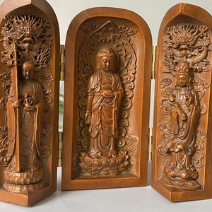 Tibet wood  buddha statue, wood carving  Meditation, Zen ,car decor,  Old Three Open Buddha Box，Tibeten open buddhist niche ornaments