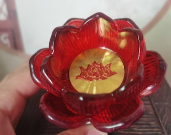 Red Glass golden lotus lamp table candlestick Buddha ghee candle lamp , Buddha Yoga Crystal Candle Holder Lotus Meditation Home Decor yu3331