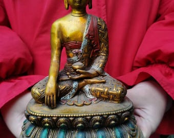 Retro koperen boeddha tibetaanse Boeddhabeeld Shakyamuni voor woondecoratie, buiten voor zen buda binnenmeditatie feng shui decor.