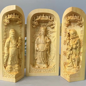 Exquisite Tibet wood  buddha statue, wood carving  Meditation, Zen ,car decor,  Old Three Open Buddha Box,Tibeten open buddhist niche temple