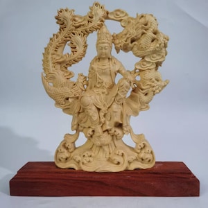 Thujaholz Buddha-Statue mit Sockel, Drache und Phoenix Guan Yin Boddhisattva Serene Sitzende Kuan yin, Meditierende Guan Yin Skulptur Figur