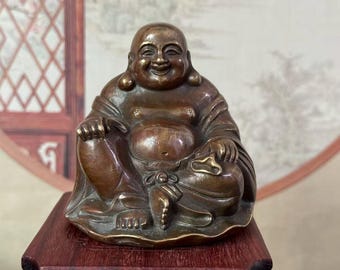 銅製の幸せ笑い弥勒仏富貴像、笑う微笑む仏像布袋像仏教幸福富貴の神禅