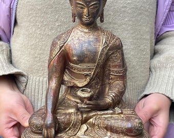 Vintage Tibetan Copper Buddha Statue Temple ornament meditation,Zen Decor Buda Indoor Gift for Relaxation Meditation Shrine Feng shui Decor.