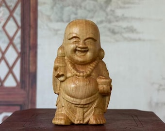 Wooden Happy Laugh Maitreya Buddha Wealth Statue,  Laughing Smiling Buddha Statue Budai Figure Buddhism Happiness God of Wealth decor