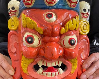 手彫りの木製マハーカーラマスク、チベット仏教の壁掛け - Etsy 日本