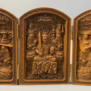 Tibet Unique wood  buddha statue, wood carving  Meditation, Zen ,car decor,  Old Three Open Buddha Box，Tibeten open buddhist niche temple .