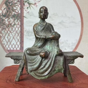 Mini vintage  Copper Bench Buddha Statue, Amitabha Buddha Sit on The Bench Enshrine, Meditating Buddha Figure Monk Sculpture for Yoga decor