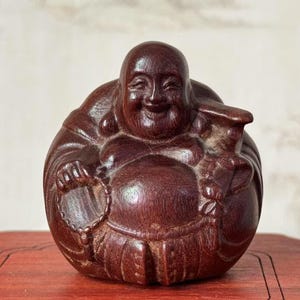 Natural wood Happy Laugh Maitreya Buddha Wealth Statue, wood Laughing Smiling Buddha Statue Budai Figure Buddhism Happiness God of Wealth