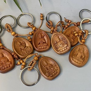 Set of 2 Tibet wood buddha statue, wood carving Meditation, Zen ,car decor,key chain pendant, small happy Buddha statue Feng shui decor gift