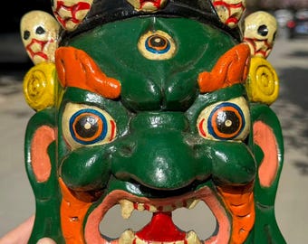 Vintage  Tibetan Mahakala Mask from Nepal, Wooden Wall Hanging, Handcarved Handpainted, Buddhist decor, Negative Energy Remover Zen  decor