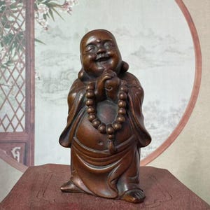 Tibet Handmade Wooden Happy Laugh Maitreya Buddha Wealth Statue,wood Laughing Smiling Buddha Statue Budai Figure Buddhism Happiness Wealth 6