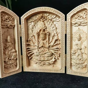 Tibet natural wood buddha statue, wood carving  Meditation,Zen ,car decor, Old Three Open Buddha Box,Tibeten open buddhist niche temple,zen.