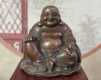 銅製の幸せ笑い弥勒仏富貴像、笑う微笑む仏像布袋像仏教幸福富貴の神禅