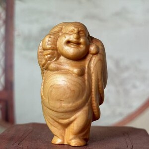 Tibet Wooden Happy Laugh Maitreya Buddha Wealth Statue,wood Laughing Smiling Buddha Statue Budai Figure Buddhism Happiness God of Wealth Zen