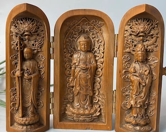 Buda portátil plegable tallado en boj, nicho budista de madera, tríptico budista de tres paneles tallado en boj, estatua de Buda Guanyin, decoración para el hogar.
