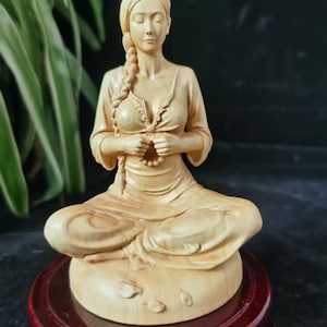 Tibet Exquisite Wooden meditation girl statue, Wood carving Meditation, Zen ,car decor,temple, zen ornaments crafts, Yoga Home Decor yu2991