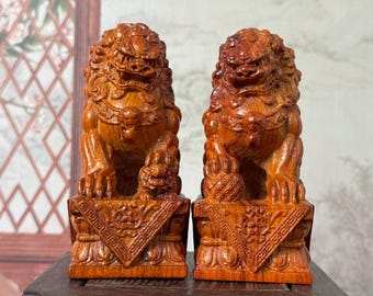 Pareja de poderosas estatuas de leones de madera de Beijing, perros Fu Foo, leones, Feng Shui chino, decoración para el hogar y la oficina, protección contra la energía negativa.