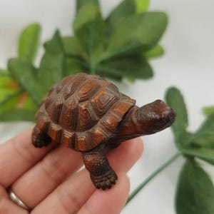 以下が含まれることがあります： 詳細な、ミニチュア木製カメの置物。カメは茶色の木から彫られており、質感のある甲羅と、見える足と頭があります。置物は手で持たれており、背景には緑の葉があります。